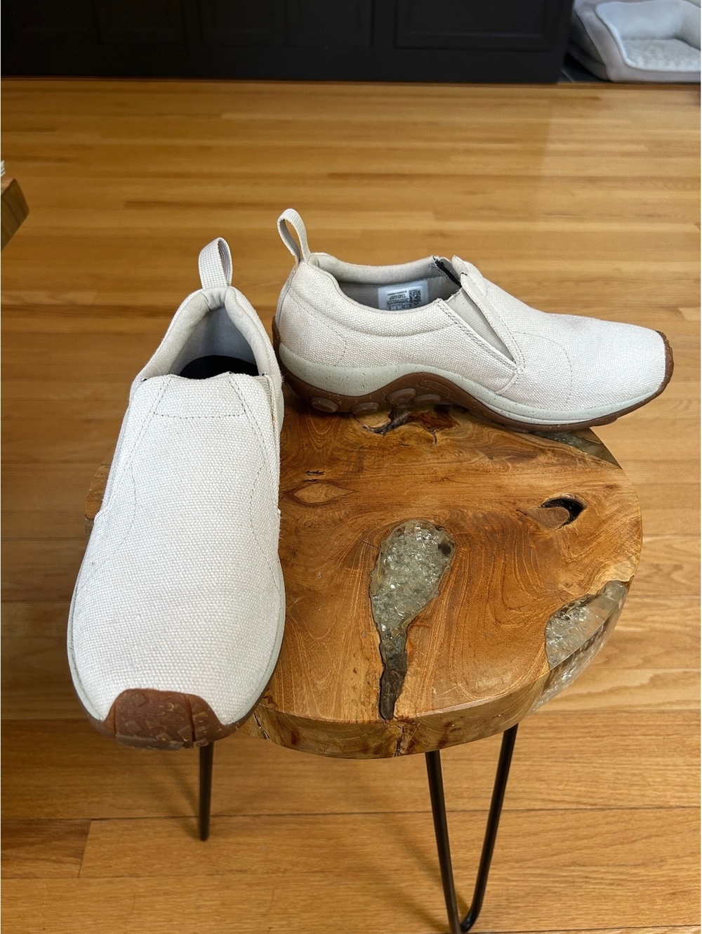 Merrell Slip-On Casual Shoes in Cream Canvas with Brown Rubber Sole
